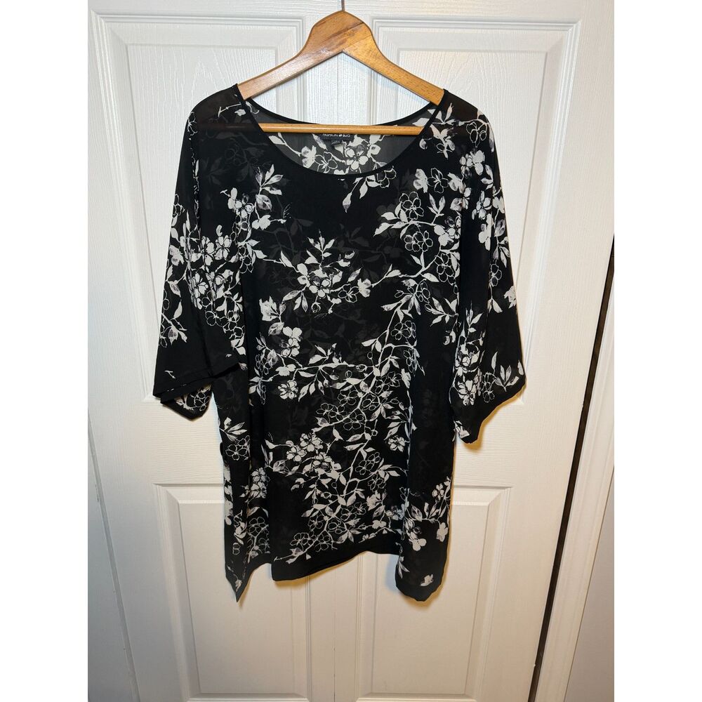 Fashion Bug Women's Black White Floral Chiffon Blouse Size 1X